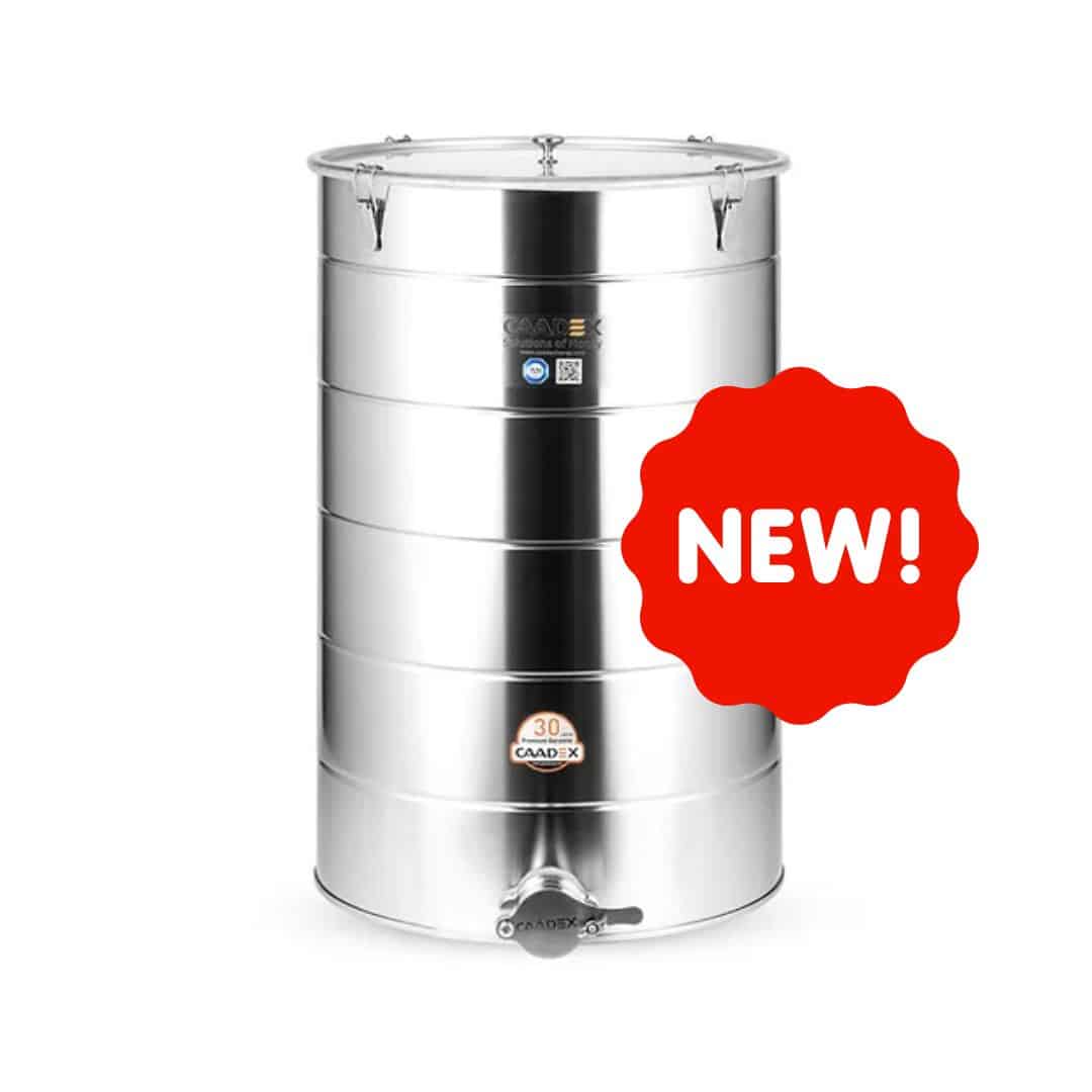 Maturatore per miele da 110 kg in acciaio inox CAADEX. Coperchio sigillante, rubinetto inox, certificato CE. Esclusiva distribuzione Centro Apicoltura.