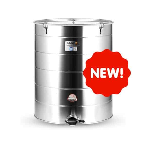 Maturatore miele 180 kg in acciaio inox CAADEX. Con coperchio, guarnizione in silicone e rubinetto inox. Certificato CE. Distribuzione esclusiva in Italia.