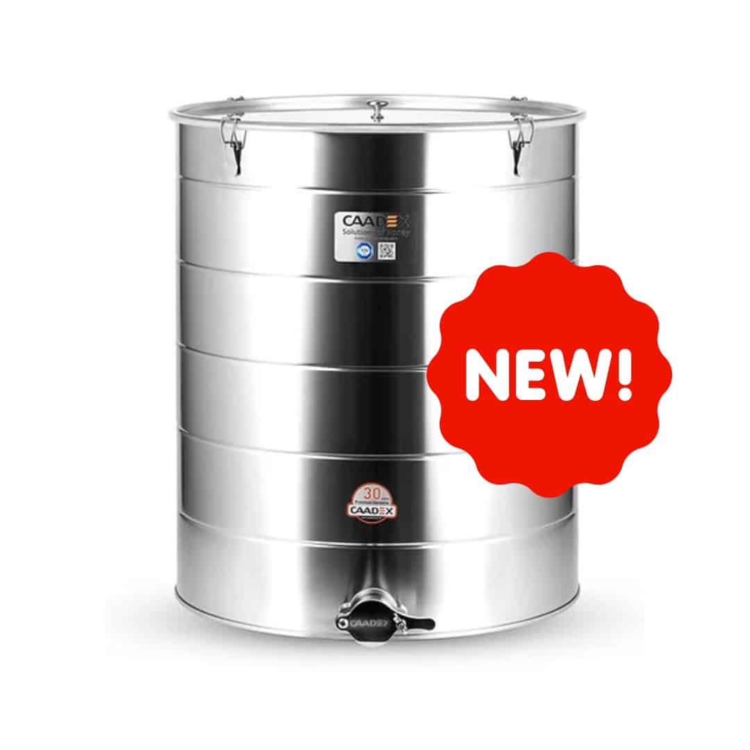 Maturatore miele 180 kg in acciaio inox CAADEX. Con coperchio, guarnizione in silicone e rubinetto inox. Certificato CE. Distribuzione esclusiva in Italia.